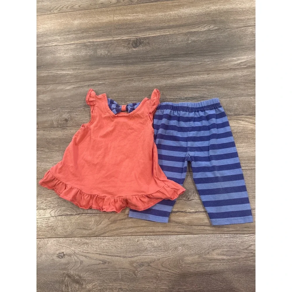 Rare Editions Girls 18M Coral Pink Floral Ruffle Tunic and Striped Leggings Set